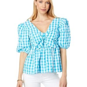 Lilly Pulitzer Sarafina Blouse Size 12 Turquoise Gingham Puff Sleeve V-Neck Top